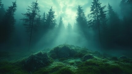A misty forest scene with tall trees and soft light filtering through, creating a mystical atmosphere.