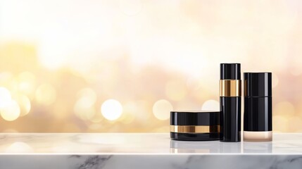 Elegant cosmetic products on a marble surface with a blurred background.