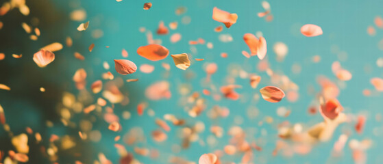 Colorful petals create a joyful confetti-like atmosphere during a festive celebration