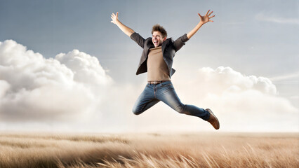 Obraz premium happy man, joyful jump, dramatic sky, golden field, expression of freedom