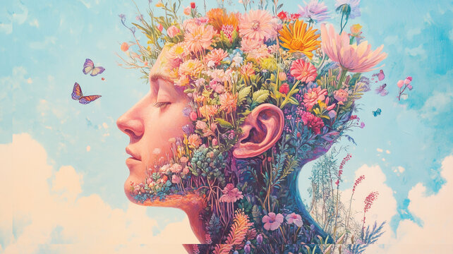 State of mind, man with flowers, positive thinking and attitude, creative brain, self care and mental health concept