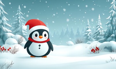 A cheerful penguin in a Santa hat stands in a snowy landscape, evoking a festive winter atmosphere.