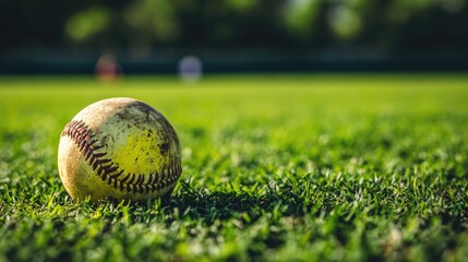 Softball training scene featuring a close-up of a worn yellow baseball on lush green grass, perfect for outdoor sports practice and athletic competition.
