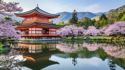 Spring in Japan Kiyomizu-dera Temple's reflection in a pond amidst cherry blossoms, mountains in background; ideal for travel brochures.