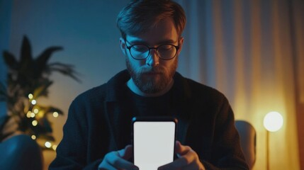 Young bearded businessman with glasses using smartphone in dark room with blue and yellow lighting, focused on screen, modern workspace ambiance.