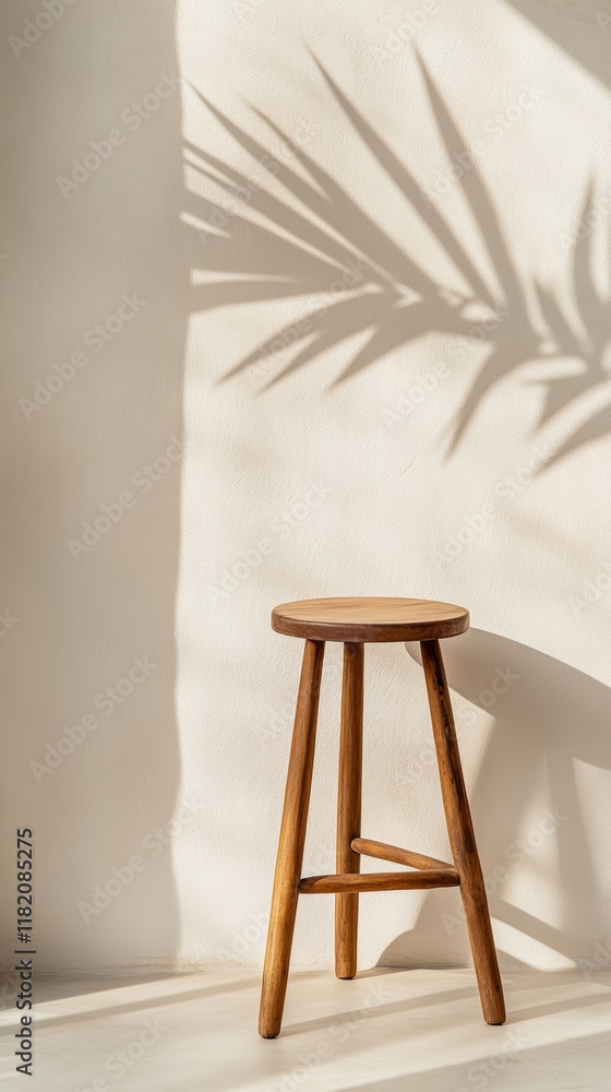Poster sunlight illuminates a wooden stool in a minimalist kitchen, casting a palm leaf shadow on the wall,