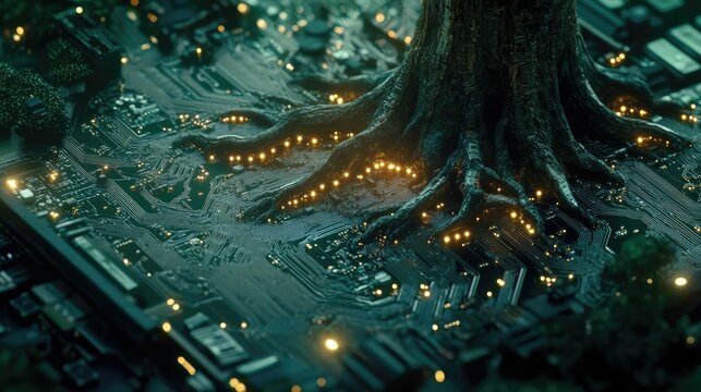 A visually striking digital artwork depicting lush green trees rising from a futuristic circuit board.