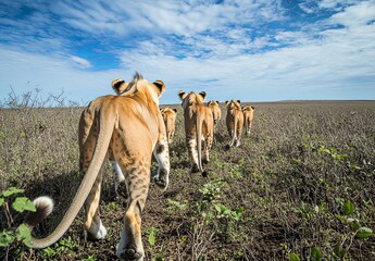 Lions walking through the african savannah, steppe, desert, a pride of lions, sunny day, blue sky, white clouds, stock photography