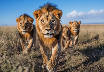 Lions walking through the african savannah, steppe, desert, a pride of lions, sunny day, blue sky, white clouds, stock photography