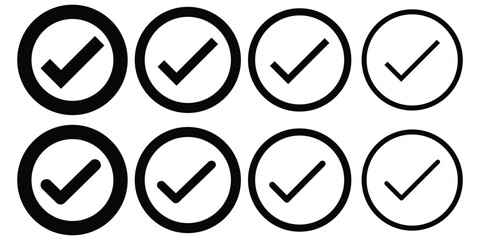 Check mark icon button set. Simple checkmark in a box set with different line width. Correct, approved symbol. Vector icons in flat style. Design eps 10