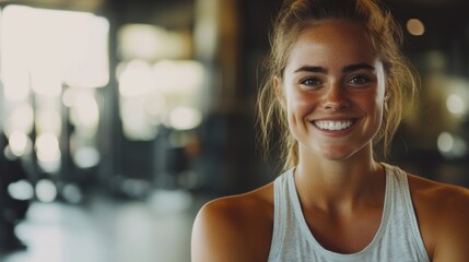 Fitness woman smiling in gym interior with blurred equipment in background captured in warm tones horizontal orientation
