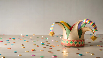 Obraz premium Jester hat with confetti on simple neutral tabletop.