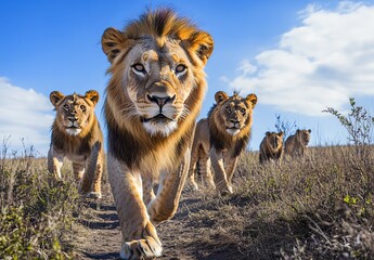 Lions walking through the african savannah, steppe, desert, a pride of lions, sunny day, blue sky, white clouds, stock photography