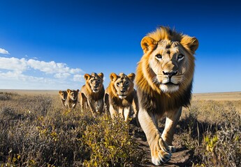 Lions walking through the african savannah, steppe, desert, a pride of lions, sunny day, blue sky, white clouds, stock photography