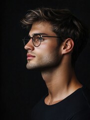 Obraz premium Profile portrait of a stylish young man with tousled hair wearing glasses against a dramatic dark background, showcasing modern fashion and confidence.