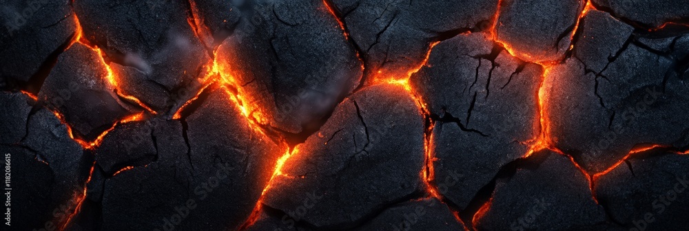 Poster heat and pressure are causing the ground to break apart, with glowing lava flowing through cracks, c