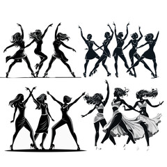 dynamic collection of women dancing in silhouette, capturing graceful movements and vibrant energy. Each design showcases varied dance styles and poses, emphasizing elegance and strength.