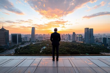 Businessman overlooking modern city skyline during vibrant sunset inspirational moment of reflection and ambition on rooftop background for corporate vision poster or design project