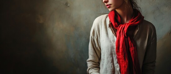 Fototapeta premium young woman wearing a light beige linen shirt and bright red scarf against a dark textured background close-up portrait in rustic style