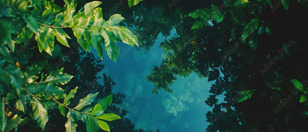 Poster view of lush rainforest canopy from below showcasing dense foliage and vibrant greenery
