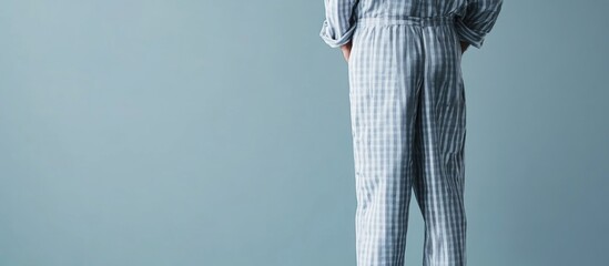 Casual close-up of a man wearing traditional blue and white plaid pajamas against a muted teal background, focusing on relaxed homewear style.