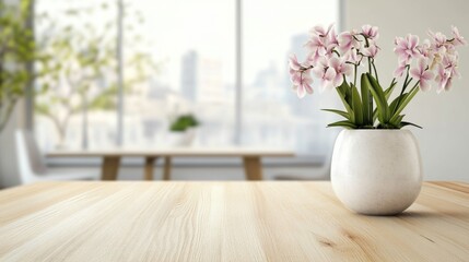 Professional business colleagues engaged in discussion at a modern office table with soft natural lighting, featuring a vase of delicate pink orchids on a wooden surface.