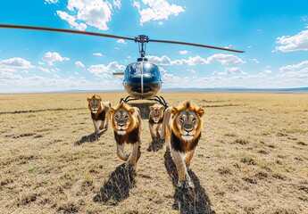 Lions walking through the african savannah, steppe, desert, a pride of lions, sunny day, blue sky, white clouds, stock photography