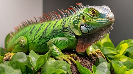 Fototapeta premium Green Iguana: Vibrant Scales, Lush Foliage, Tropical Portrait