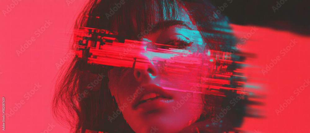 Poster exploration of vibrant red glitch distortion and chaotic digital error effects in modern art