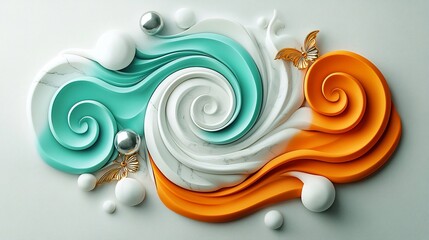 Captivating marble sculpture elaborately carved with swirling patterns of crisp white soft pewter and vibrant aquamarine accented by lustrous metallic gold details