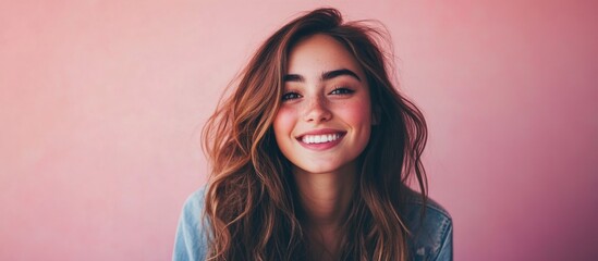 Naklejka premium Carefree young woman with long wavy hair smiling against a soft pink background, capturing a friendly and approachable vibe in natural light.