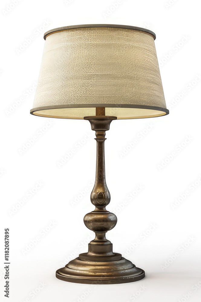 Poster A classic table lamp with a decorative base and a fabric shade, providing soft illumination. isolated on white background