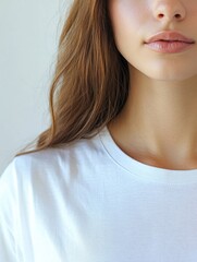 Fototapeta premium Portrait of a serene woman with long brown hair wearing a crisp white shirt, soft natural lighting highlights her gentle smile and smooth skin.