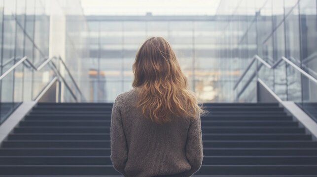 Young woman with long wavy hair standing at the base of modern outdoor stairs at a business building, large glass facade, neutral tones, copyspace for text.