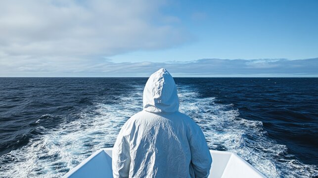 Anonymous traveler in white hoodie raincoat gazing at deep blue ocean under clear sky, snowflakes falling, serene seascape from boat deck.
