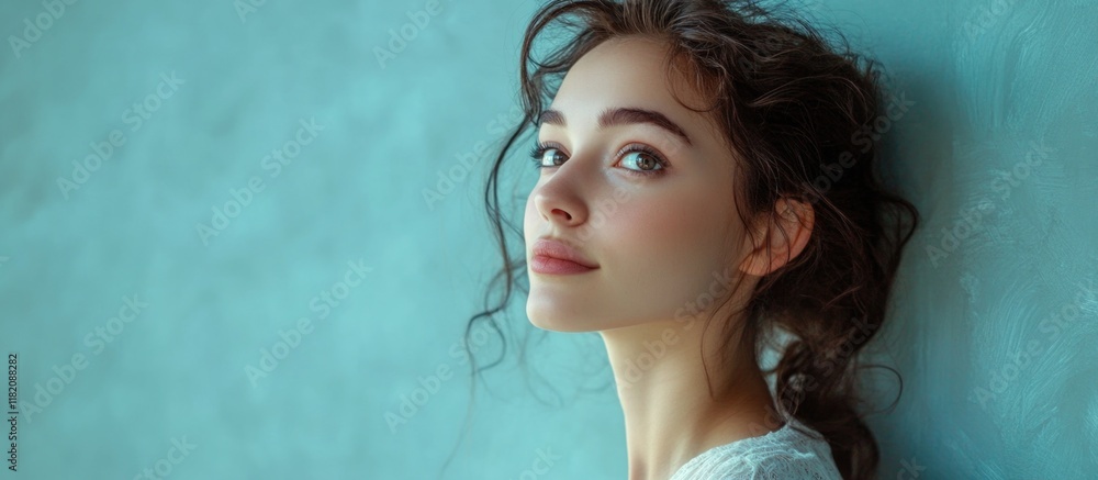 Poster young female model in studio setting against soft teal background with ample negative space for text