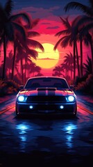 A vibrant sunset scene featuring a sleek car on a palm-lined road, evoking a retro aesthetic.