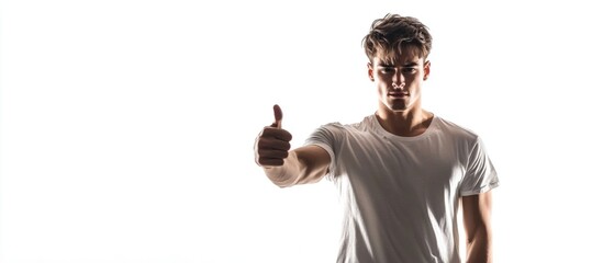 Caucasian male displaying thumbs down gesture against white background expressing disagreement and disapproval, high contrast lighting, front view.