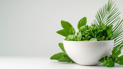 Fototapeta premium Fresh Green Herbs in White Bowl on Minimalist Background