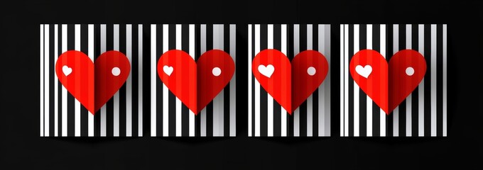 Obraz premium This Valentine's day design set comprises greeting cards, posters, and banners. It showcases a cut-out paper heart on a white, red striped, or dotted satin background, utilizing a paper cut-out art