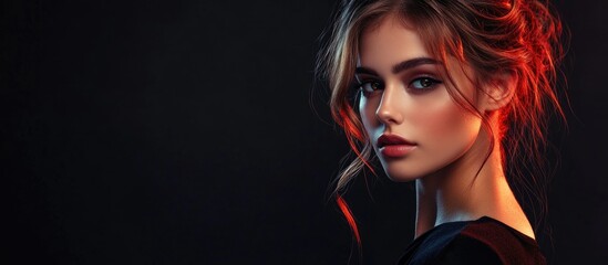 Fototapeta premium Profile portrait of a young beautiful woman with elegant hairdo featuring soft highlights on a dark background with dramatic lighting effects.