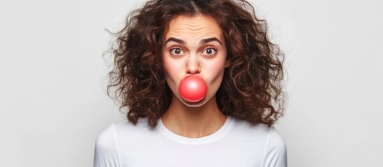 Young woman with curly hair wearing a white t-shirt making a funny expression with inflated cheeks and a red bubble gum ball, neutral background