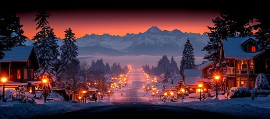 Snowy street scene at sunset with mountains in the background.