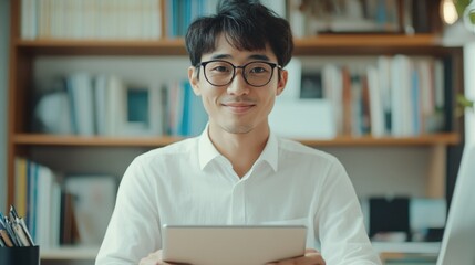 Young Asian businessman smiling during video conference call at home office, seated at wooden desk with digital tablet, soft natural lighting, organized bookshelves in background.