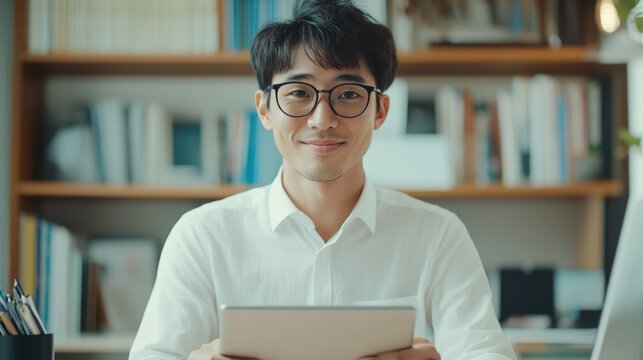 Young Asian businessman smiling during video conference call at home office, seated at wooden desk with digital tablet, soft natural lighting, organized bookshelves in background.
