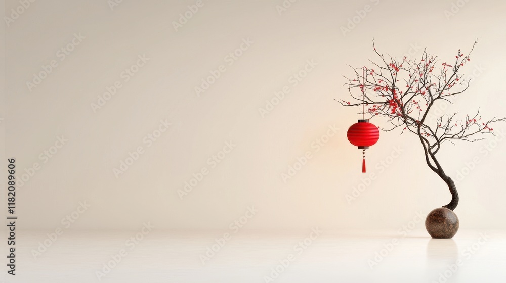 Aufkleber minimalist scene with single red lantern hanging from branch on simple background