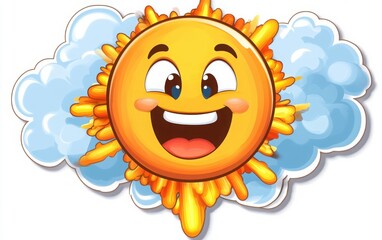 Cartoon emoji with an explosion and fluffy clouds in the background, sticker-style, white background, high resolution and clarity, no shadow. 