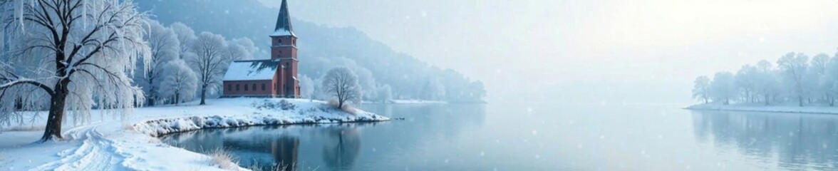 Fototapeta premium Frosty church tower with a frozen lake in the background, icy, stillness