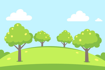 Summer landscape with trees, hills, fields and bushes. Summer landscape vector illustration with green meadow and trees in flat style.