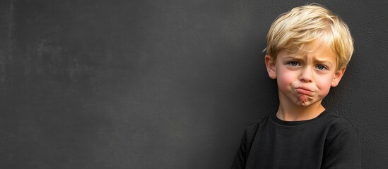 Angry five year old boy with blond hair making a grimace against a dark textured background wearing a black shirt focusing on expressive emotions